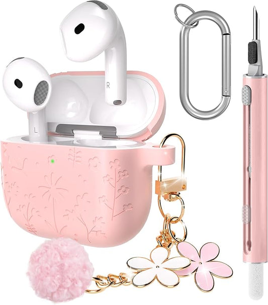 Seltureone Compatible with AirPods 4 Case Cute with Cherry Blossom Keychain and Cleaning Kit, Soft Silicone Shockproof Flower Engraved Cover Compatible with AirPod 4 Case Cover - Pink