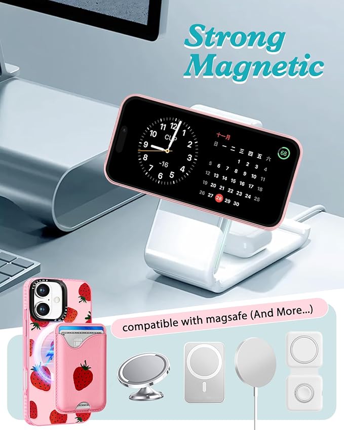 Toycamp for iPhone 16 Plus Case - Compatible with Magsafe Credit Card Holder Wallet Magnetic Cute Women Teen Girls Kawaii Girly Unique Strawberry Design Phone Cover for Apple 16 Plus 6.7"