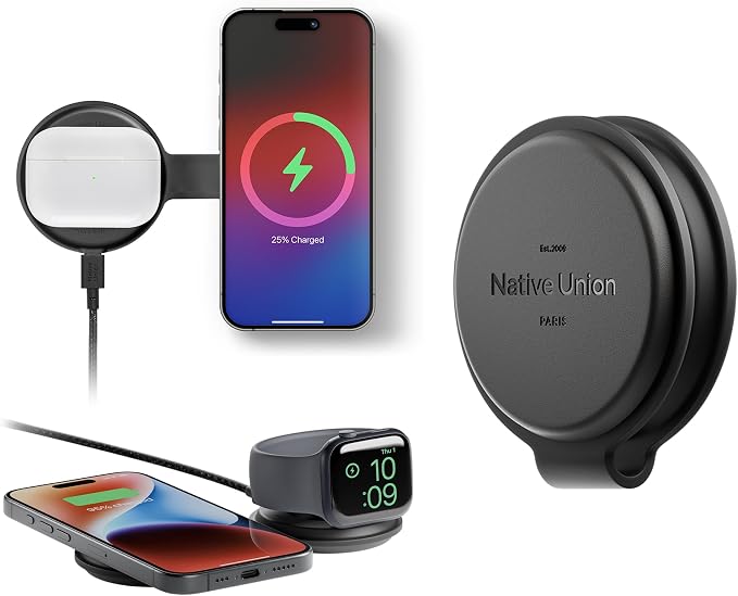 Native Union Voyage 2-in-1 Magnetic Wireless Charger – Foldable Travel Charging Station for iPhone Air, 17, AirPod, Apple Watch & More – Qi2 Certified & MagSafe Compatible up to 15W (Black)