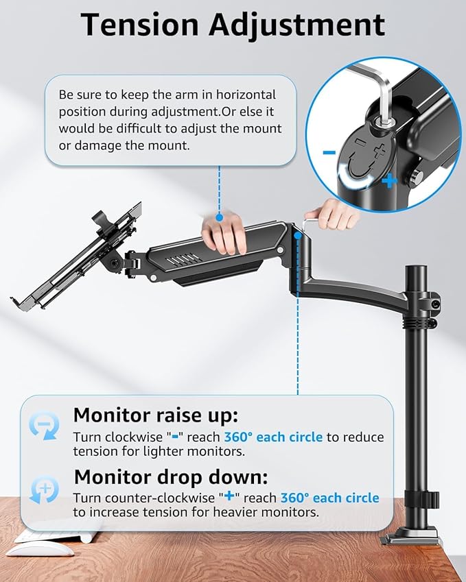 MOUNTUP Laptop and Monitor Desk Mount, Laptop Tray for Max 17" Notebook, Monitors Arm Fits up to 32" Monitor, Laptop Arm Holds 4.4-22lbs, 2-in-1 Tall Laptops Mount with Clamp/Grommet