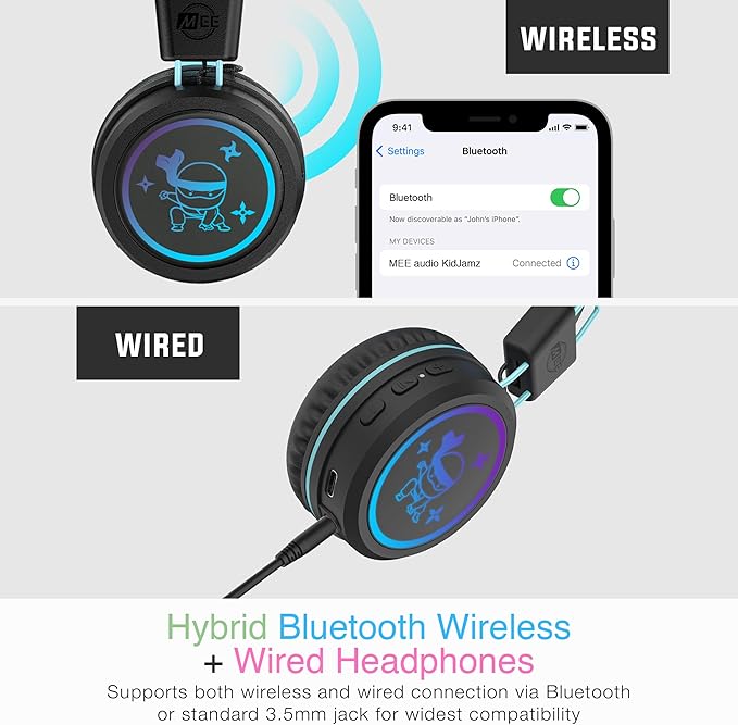 MEE Audio KidJamz KJ55BT Bluetooth Wireless Safe Listening Headphones for Children with LED Lights, 85dB Volume Limiter, Microphone, & 40h Battery; Kids Headset for School/iPhone/iPad/Tablet (Black)