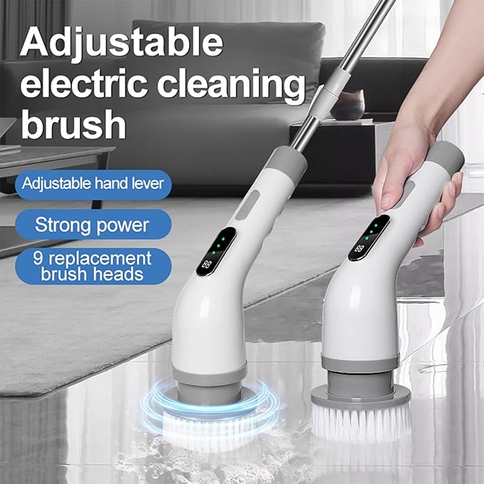 Cordless Cleaning Brush Scrubber for Home, Electric Spin Scrubber, 9 Replaceable Brush Heads, 50Mins Work Time, 3 Adjustable Size, 3 Strong Speeds for Bathroom Shower Bathtub Car Glass, Black Color