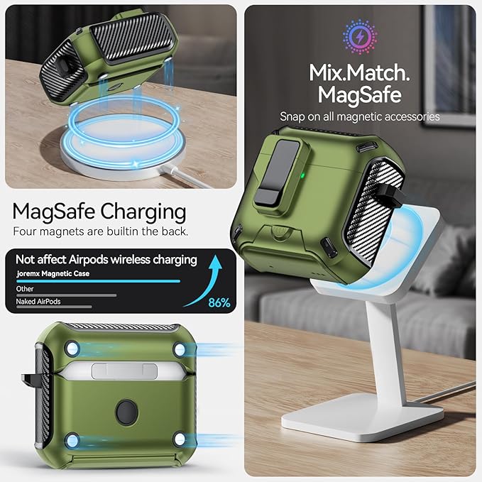for AirPods 4 Case (2024) with Phone Stand,（with Automatic Snap Switch） Carbon Fiber Design Protection Cover with Cleaning Pen,Dark Green