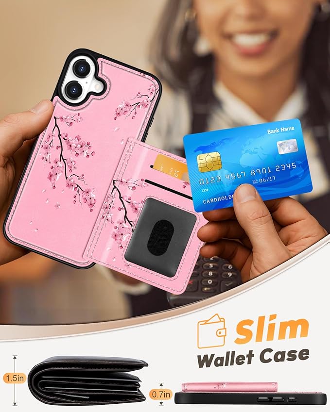 for iPhone 16 Wallet Case - Fits 4 Card Slots, Compatible with MagSafe for Women Aesthetic Durable PU Leather Credit Card Holder Kickstand Phone Cover for Apple 16, Peach Blossom