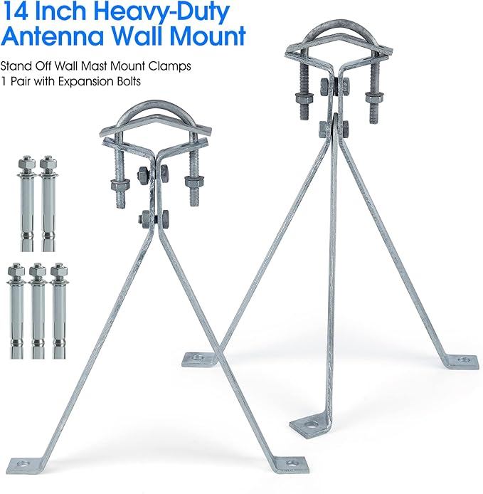 Heavy-Duty Antenna Wall Mount,Windproof Stand Off Wall Mast Mounting Clamps,1 Pair with Expansion Bolts(1 Pair Mount (3-Leg + 2-Leg), 14 Inch)