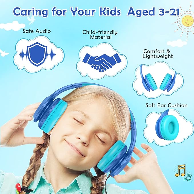 Kids Bluetooth 6.0 Headphones with LED Light, 85Hours Playtimes, Type-C Fast Charging, 85/94dB Volume Limited, Comfort Wireless Headphones with Built-in Mic, Wired & TF Card Mode, Blue