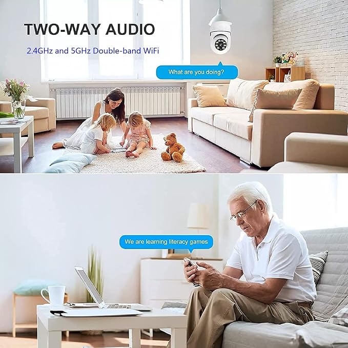 360° Security Cameras Wireless Outdoor, 2.4GHz & 5GHz WiFi Light Bulb1080p Security Camera Wireless Light Socket Smart Cameras for Home Security, Motion Detection, Two-Way Audio (1PC)
