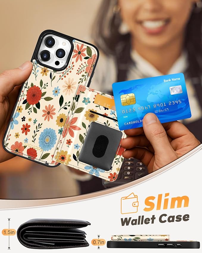 for iPhone 16 Pro Max Case with Wallet - Fits 4 Card Slots, Compatible with MagSafe for Women Aesthetic PU Leather Credit Card Holder Kickstand Phone Cover for Apple 16 Promax, Beige Flower