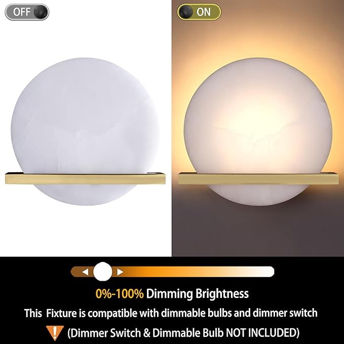 2 Pack 1 Light 8" Round Natural Alabaster Bathroom Wall Sconce Modern Concise Style Wall Light Fixture, Gold Finish for Bedroom Hallway Bedside Living Room