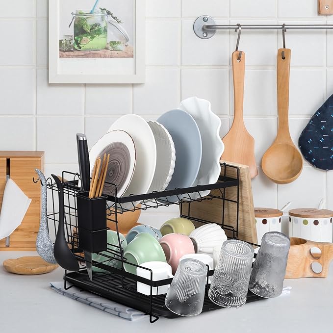 Large Capacity Double Tier Dish Drying Rack with Drainboard and Side Utensil Holder Over Sink Kitchen Counter Organizer for Bowls Plates Cutlery and Chopping Board Storage