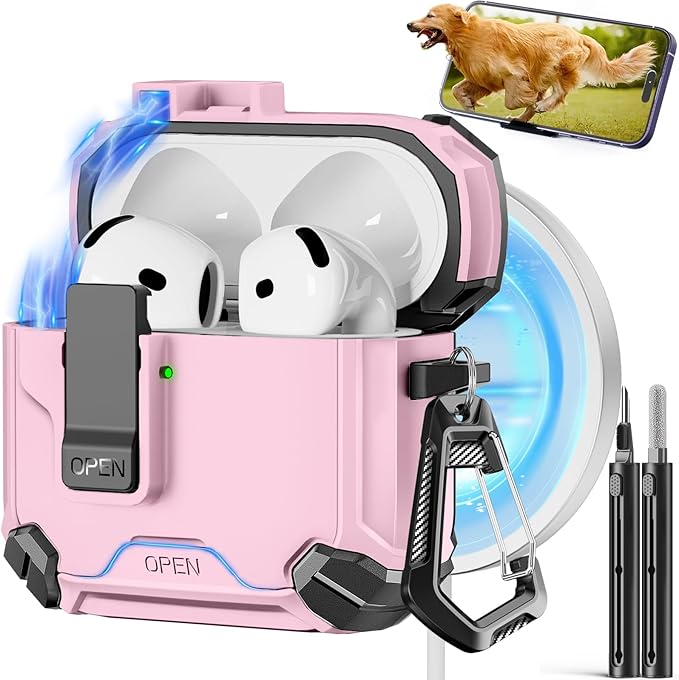 Compatible with AirPods 4 Case,Magnetic Automatic Lock with Phone Stand & Cleaning Kit,Compatible with Magsafe Cover -Pink