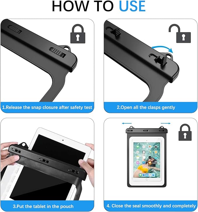 Universal iPad Waterproof Case Dry Bag Pouch for IPad Pro 11" iPad Pro 10.5" IPad 11th/10th/9th/8th iPad Air 6/5/4 10.9" New iPad 9.7 Galaxy Tab S10/S9/S8 S10/S9 FE Galaxy Tab A8/A9+/S6 Lite