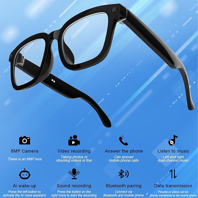 AI Bluetooth Smart Glasses with Camera, 1200P Video Recording Glasses, 8MP Anti-Shake Camera Glasses, Voice Assistant, Supports Photo/Video/Audio Recording, with AI Assistant & Real-Time Translation