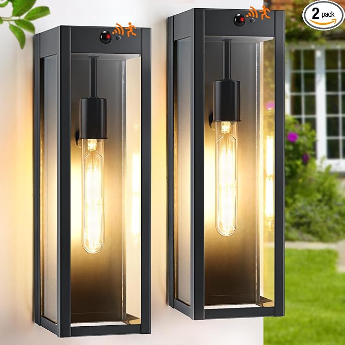 Large Motion Sensor Exterior Wall Lights Sconces 2Pack, 15.3" Waterproof Dusk to Dawn Black Exterior Lighting Fixtures Wall Mount, Modern Front Porch Sconce Coach Lights Outdoor for Garage House