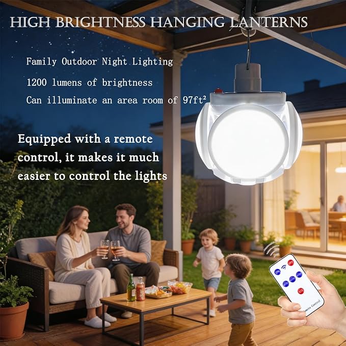 4000 mah Folding Solar Camping Lights with Remote Control , Hanging Tent Lights , USB Battery Rechargeable Portable Lantern Home Light Indoor Outdoor Waterproof Emergency Power Outage 1 Pack