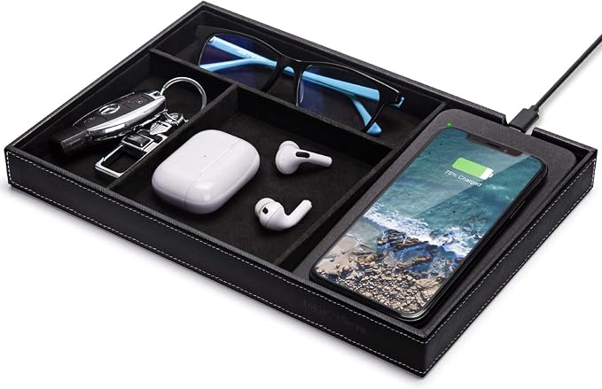 Valet Tray, Built in Wireless Charging Pad, Nightstand Organizer