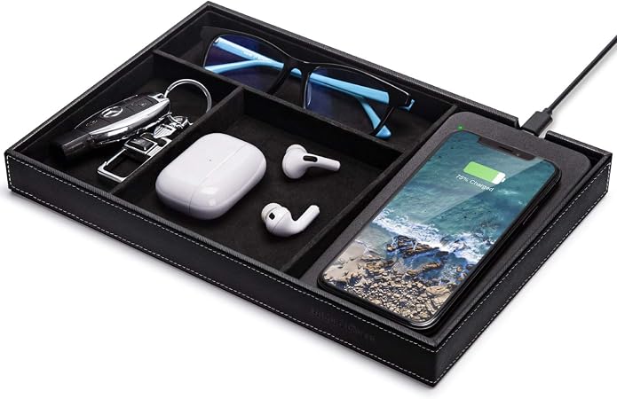 Valet Tray, Built in Wireless Charging Pad, Nightstand Organizer