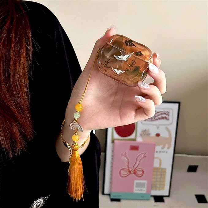 Compatible with AirPods 3 Case Soft with Cleaner Kit Keychain Cute Lucky Elegant Crane Girls Women Cover for Airpods 3rd Generation -Brown