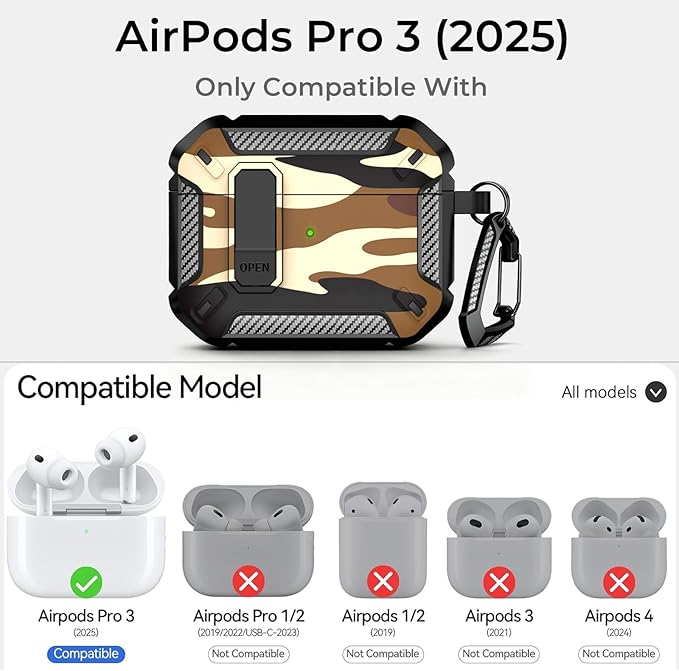 for AirPods Pro 3 Case, Secure Lock Cases Cover with Carabiner Compatible with Airpods Pro 3rd Generation Case, Full Body Shockproof Protective AirPod Case for Men Women (Camo Brown)