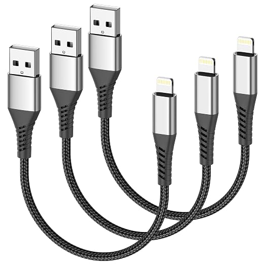 Short iPhone Charge Cable 6 Inch, 3Pack 0.5 Foot USB to Lightning Cord Braided for iPhone 14 13 12 11 Pro Max Xs 8 7 6 5 Plus, iPad Air/Mini(Black)