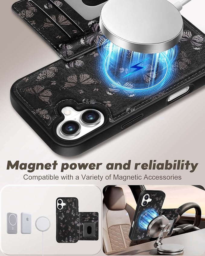 for iPhone 16 Plus Case with Wallet - Fits 4 Card Slots, Compatible with MagSafe for Women Aesthetic PU Leather Credit Card Holder Kickstand Phone Cover for Apple 16 Plus, Black Butterfly