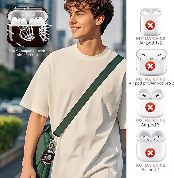 Compatible with AirPods Pro 3 (2025) Case, Airpod Pro 3 Protective Cover with Cute Golden Keychain for Girls & Women (Skeleton Human Hand)