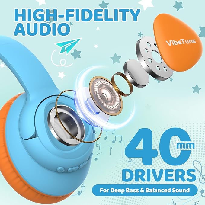 VibeTune Kids Bluetooth Headphones, 60H Playtime, Volume Limited 85/94dB, Bluetooth 5.4, Type-C Fast Charging, Foldable Wireless Headphones for Kids, Toddler Headsets with HD Mic-Blue