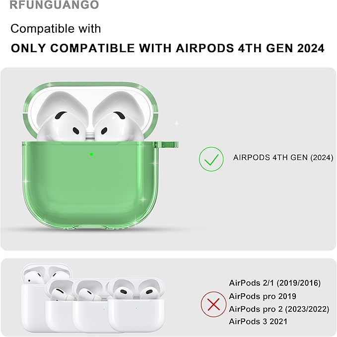 RFUNGUANGO AirPods 4 Case Clear, Soft TPU Transparent with Cleaning Kit & Keychain, Compatible with Magsafe, Compatible Apple AirPods 4 (2025) Generation Protective Case, Green
