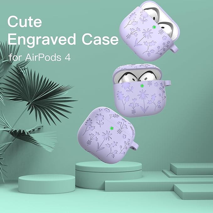 DamonLight Flora Engraved Case for AirPods 4 with Active Noise Cancellation Cover Shockproof Protective Soft Silicone Case with Cleaning Pen and Keychain for Apple Airpods 4th Generation (Purple)