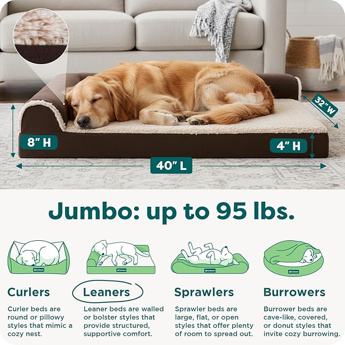 FurHaven Orthopedic Dog Bed for Large Dogs, L-Shaped Chaise Contour Mattress with Egg Crate Orthopedic Memory Foam for Joint Support, Removable Washable Cover, Jumbo/XL, Faux Fur & Suede, Espresso