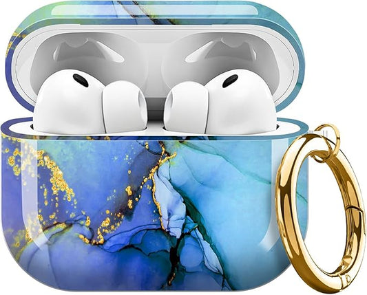 AirPod Pro 3 (2025) Case Cover for Women, Cute Shockproof TPU Protective Case with Gold Round Buckle, Anti-Drop Design Cute Blue Marble