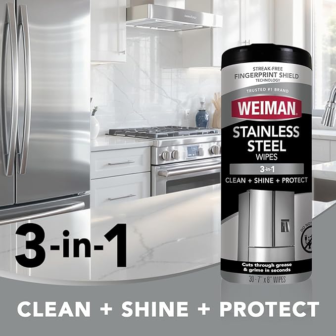 Weiman Stainless Steel Cleaner and Polish Wipes Bundle with Microfiber Cloth-Removes Fingerprints, Water Marks and Grease from Appliances - Works Great on Refrigerators, Ovens, and Grills,Grey