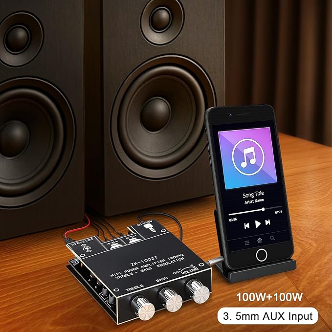 ZK-1002T 100W+100W Bluetooth Amplifier Board, 2.0 Channel Bluetooth 5.0 Subwoofer Audio AMP with Treble and Bass Control, DC12-24V, BT and AUX Inputs, TPA3116D2 Chip Stereo AMP Board for DIY Speakers