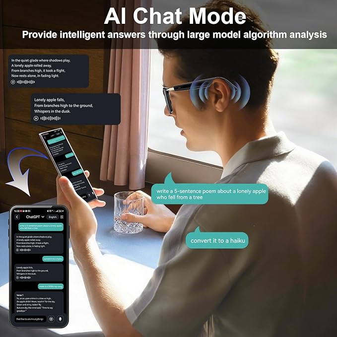 Ai Smart Glasses with Chat GPT, Bluetooth Glasses for Men Women with 160+ Language & Accents, Translation Glasses Color-Change Lens, Smart Eyewear for Gaming Meeting Travel Trade Business, (Black)