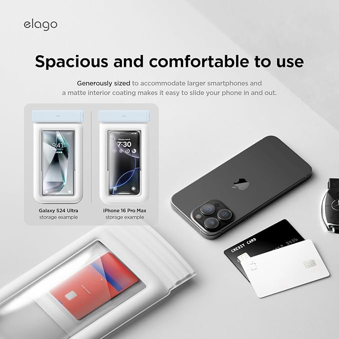 elago Waterproof Phone Pouch for iPhone 16/15/14/13/12/11 Series, Galaxy S25/S24/S23/S22/S21 Series - Underwater Screen Touchable Dry Bag, Dual Zipper Lock, Including Card Pocket [Light Blue]