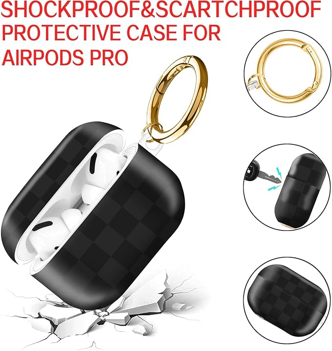 Compatible with AirPod Pro Case 2nd/1st Gen (2023/2022/2019),Shockproof Protective Cover with Keychain for Women,Cute Charging Case for Airpod Pro 2/1(Black Grey Checkered Plaid)