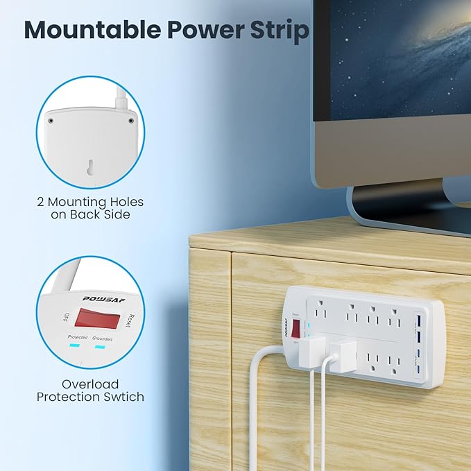 8-Outlet Surge Protector Power Strip, POWSAF 10Ft Flat Plug Extension Cord with 2 USB-C (PD 20W) Fast Charging Ports and 2 USB-A Ports for Home, Office, 2700 Joules, ETL, White