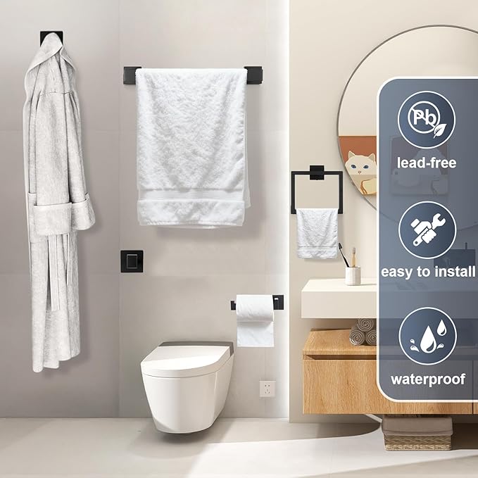 Matte Black Bathroom Hardware Accessories Set, 5 Pcs 304 Stainless Steel Bathroom Towel Holder Bar Set, Towel Rack and Toilet Paper Holder for Bathroom Wall Mounted