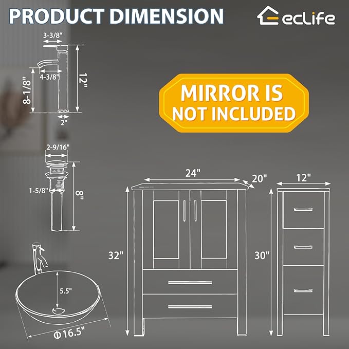 eclife 24" Modern Bathroom Vanity Sink Combo Freestanding Cabinet with Soft Closing Door, Brown Round Glass Vessel Sink, Water Save Faucet, Drain (Gray+A09)