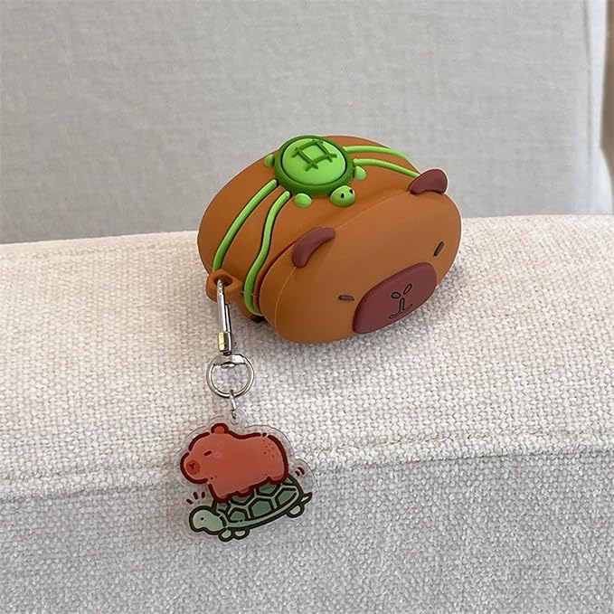 Wireless Charging Earphone Case Compatible with Airpods 4, Cute Animal Kapibala Design Soft Silicone Full Body Protective Skin Cover, Kids Girls Women Cartoon Earbuds Accessories with Pendant
