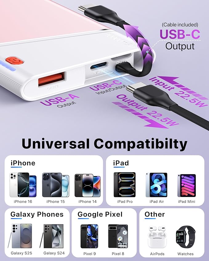 Portable Charger Power Bank, 10000mAh 22.5W PD Fast Charging Powerbank with Built-in USB C Cable, Slim External Phone Battery Pack for iPhone 17/16/15 Samsung S24 Android etc (Pink)
