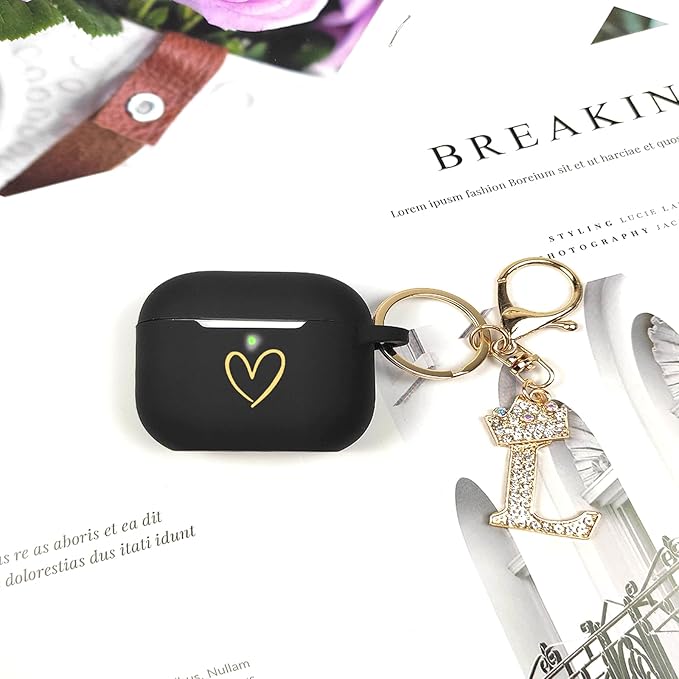 Compatible with AirPods Pro 3 Case Cover (2025), Soft Silicone Case with Gold Heart Pattern for AirPods Pro 3rd Generation Case with Rhinestone Studded Letter A-Z Keychain (L Black)