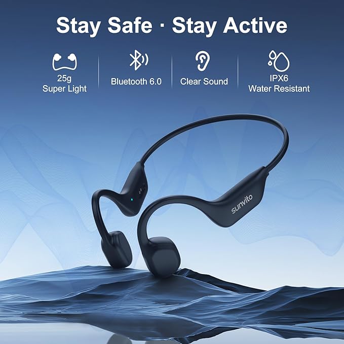 sunvito Bone Conduction Headphones, Open-Ear Bluetooth Wireless Sport Headphones, Ipx6 Waterproof Lightweight Earphones with Earbuds for Running Sports, Gym, Cycling, Long 10H Playtime, Black