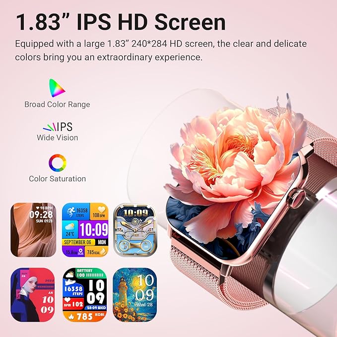 Smart Watches for Women, 1.83'' HD Fitness Tracker with Answer/Make Calls, Heart Rate/Sleep/SpO2 Monitor, 120+ Sport Modes, IP68 Waterproof, Compatible iPhone/Samsung/Android (Rose Gold)