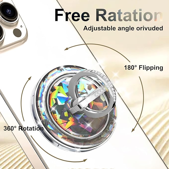 Transparent Magnetic Phone Grip Compatible with MagSafe Phone Ring Holder,360°Adjustable & Removable Silver Golden Diamond Laser Design Magnet Stand for Phones and Tablets