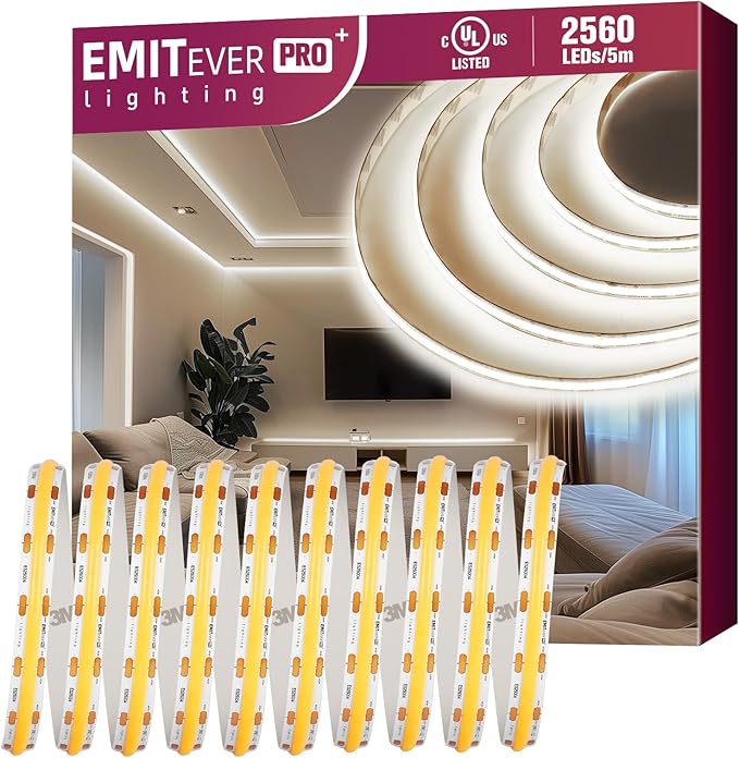 EMITEVER COB LED Strip Lights White,4000K Tape Light Premium High Density, DC 24V, 360+Lumens/ft,2560LEDs/Spool, Ra 90+, 16.4ft/5m, UL Listed 5 Year After-Service (Power Supply Sold Separately)