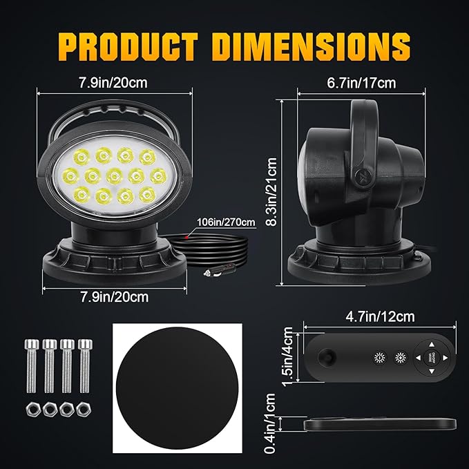 Willpower 5D 360º Rotate Remote Control Led Search Lights 50W Spot Beam Portable LED Work Light with Magnetic Base Driving Lamps for Car Offroad Truck ATV Boat Security Emergency Lighting 12V 24V