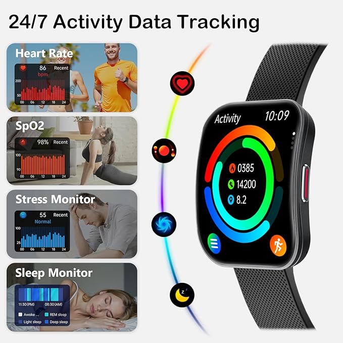 Smart Watch for Men Women, Bluetooth Calls, AI Dial,AI Q&A,1.85" HD AMOLED Curved Display Fitness Watch with Heart Rate/SpO2/Stress Monitor, Pedometer,110+ Sports Waterproof IP68 Smartwatch, Black