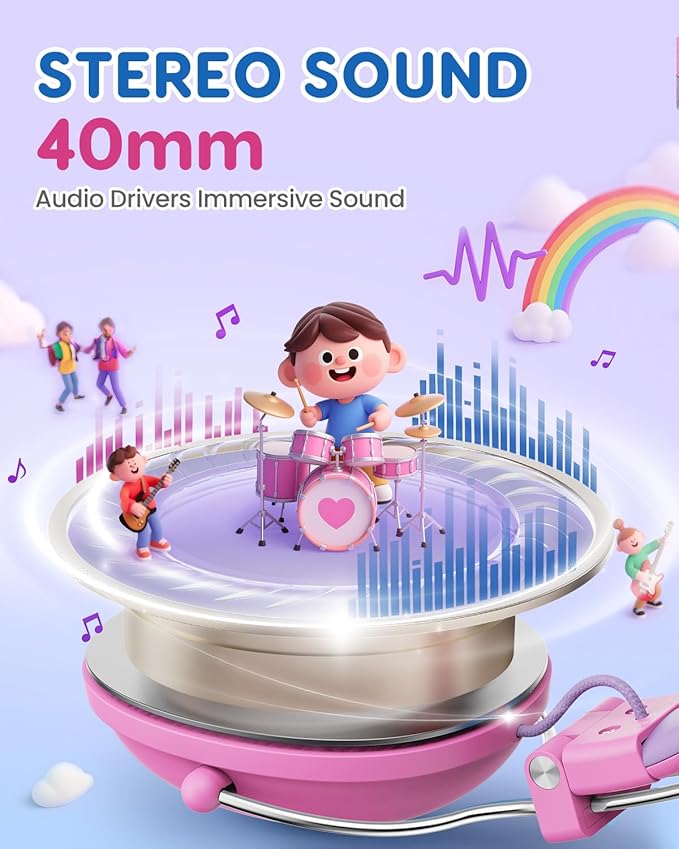 Kids Headphones, 74/85dB Safe Volume Limit, Stereo Sound, Wired On-Ear Headphones for Kids Boys Girls, 3.5mm Jack for Tablet, iPad, Kindle, YOTO Player, Airplane Travel, Pink
