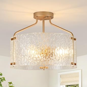 Semi Flush Mount Ceiling Light Fixture Glass Drum Chandelier Entryway Light Fixture 16''Gold Flush Mount Ceiling Lights 3-Light Foyer Lighting fixtures for Living Room Hallway Bedroom